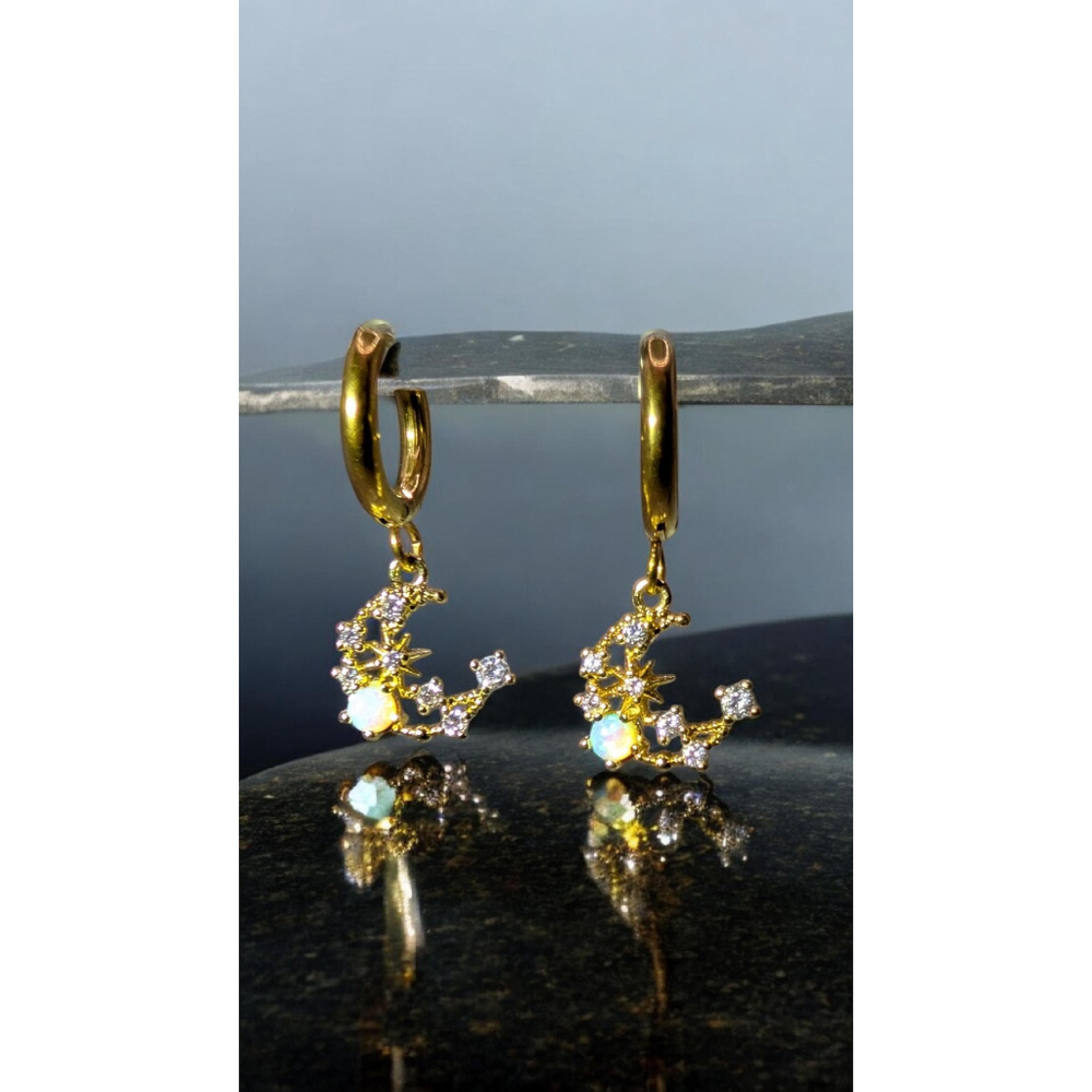 14k Gold Plated Moon Opal Huggie Earrings with Gold Stainless Steel Hoops